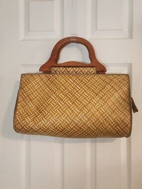 Vintage Bamboo 54 Woven Straw Top-Handle Bag with Wooden Handles - Natural